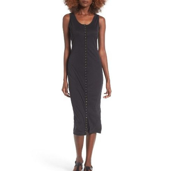 BP. Snap Front Sleeveless Ribbed Bodycon Scoop Neck Midi Tank Dress Black M - Picture 1 of 8